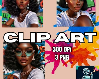 3 png Stylish Black Women Graffiti Wall Portrait | 12x12 PNG | Urban Fashion Clipart 3600x3600 | AI Art High-Res Art | 300 DPI