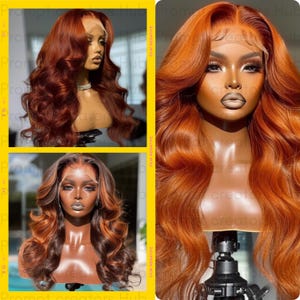 May include: Three different views of a long, wavy, auburn-colored human hair wig with a lace front. The wig is styled in loose waves and has a natural-looking hairline.