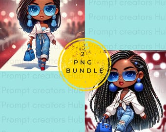 Runway Chibi Black Girl PNG Bundle | 2 Fashion Model Clipart | Hip Style Jeans & Blouse | 3600x3600 | AI Art High-Res Art | 300 DPI