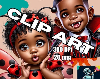 Halloween Costume Clipart Bundle (Kids Edition)– 20 PNG Images showing African American Kids, Boys, and girls enjoying the spooky season.