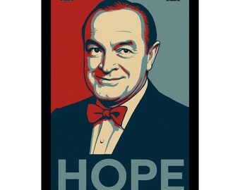 May include: A poster featuring a portrait of a man in a suit and bow tie, with the word "HOPE" in large letters at the bottom. The background is divided into red and blue sections, with the man's face in a lighter color.