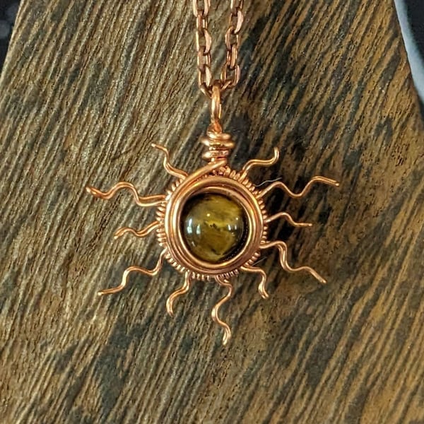 Sun Necklace | Copper Wire Wrapped Pendant | Crystal Jewelry | Citrine | Tiger's Eye | Sunstone | Fire Sign | Celestial | Whimsigoth | Witch