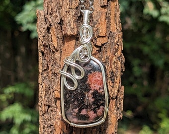 Rhodonite Necklace | Wire Wrapped Pendant | Crystal Jewelry | Witchy Jewelry | Taurus Jewelry | Gemini | Love | For Her | Mother's Day Gift