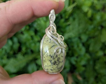 Serpentine Necklace - Silver Wire Wrapped Pendant - Green Natural Gemstone Jewelry - Earthy - Boho - Chunky Crystal
