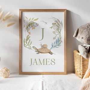 Impresión de nombre personalizada con temática de estanque para guardería, monograma, arte de pared, arte de pato para guardería, regalo de baby shower imprimible personalizado, decoración de casa de lago para bebé