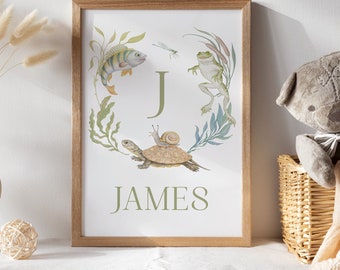 Art mural animaux livre de contes pour chambre d'enfant thème étang nom personnalisé impression monogramme art mural canard thème cadeau de baby shower imprimable personnalisé