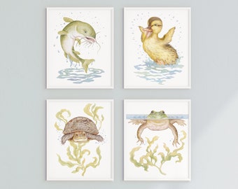 Lot de 4 oeuvres d'art murales pour chambre d'animaux de l'étang, impression neutre sur le thème de la pêche, impression de canard sur le thème de la grenouille, pour chambre d'enfant au bord du lac