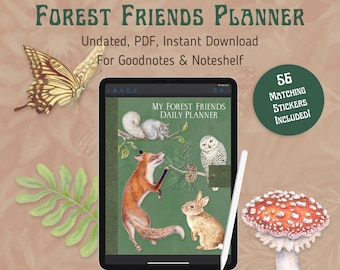 Agenda numérique nature boisé non daté avec autocollants renard, hibou, champignon agenda numérique forêt thème forêt journal pour notes de suivi d'objectifs