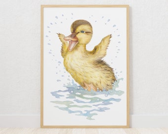 Impression d'art mural canard pour chambre de bébé neutre, impression d'art caneton pour enfants, idée déco pour salle de bain, téléchargement immédiat, aquarelle d'art pour chambre d'enfant