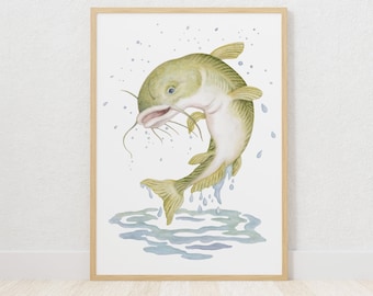 Décoration de pépinière de poissons pour garçon Impression de poissons Art de pépinière de thème de pêche pour la pépinière de thème d'étang Art mural imprimable Impression de poisson-chat Art de pépinière de poissons