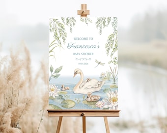 Panneau de bienvenue Swan baby shower pour averse estivale ou printanière Modèle numérique de plaque d'entrée modifiable au design aquarelle classique