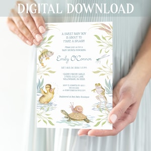 Op de afbeelding: Een babyborrel uitnodiging met een aquarel ontwerp met een kikker, een schildpad, een eend en een vis. De uitnodiging is voor een babyjongen en zegt "Een lieve babyjongen staat op het punt om een ​​splash te maken!" De uitnodiging is voor Emily O'Connor en is gepland voor zaterdag 24 augustus 2004 om 13:00 uur in Cranes Brook Grille.