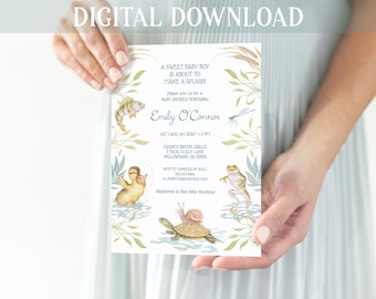 Invitation numérique pour une fête de naissance, thème d'étang, étang de canards, invitation numérique, étang de grenouilles, animaux lunatiques, pêche, invitation de livre de contes pour bébé garçon, poisson