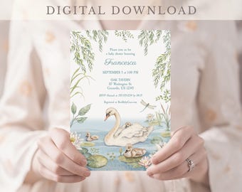 Modèle neutre modifiable d'invitation de baby shower de cygne avec l'invitation électronique Style de maison de campagne de livre de contes classique pour le baby shower d'étang ou de lac