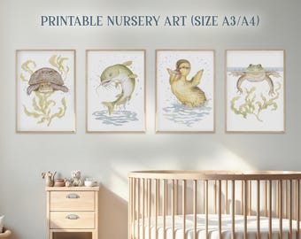 Décoration de chambre d'enfant Cottagecore pour chambre d'enfant neutre, format A3/A4, oeuvre d'art en téléchargement numérique pour chambre d'enfant, thème étang