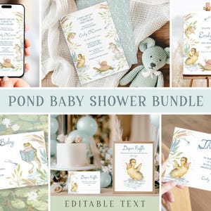 Paquete editable de invitación para baby shower con temática de pesca, tema de estanque, adorable bebé, cuento de hadas, animales, peces, plantilla imprimible con temática de estanque de patos