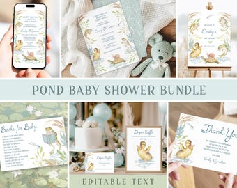 Bundle d'invitation classique pour baby shower avec des animaux pour bébé garçon Modèle d'invitation modifiable sur le thème de l'étang aux canards
