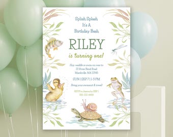 Modèle d'invitation aquarelle modifiable pour le premier anniversaire de garçons pour un thème de fête d'anniversaire d'étang