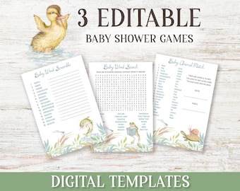 Lot de 3 jeux modifiables pour baby shower, imprimables sans distinction de sexe pour garçon