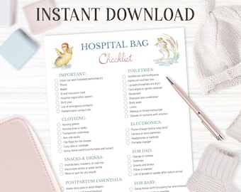 Liste de colisage de la sacoche d'hôpital Liste de contrôle de la trousse d'hôpital pour maternité Sac d'hôpital pour grossesse imprimable Téléchargement instantané pour maman et préparation pour bébé