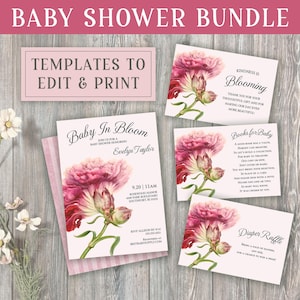 Lot d'invitations pour baby shower dans le jardin botanique : beau bouquet rose pour bébé en fleurs, faire-part modifiable, livres pour bébé et bébé en fleurs, merci