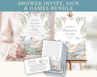 Ensemble d'invitations pour baby shower cygne, jeux de baby shower, livres pour bébé et panneau de bienvenue pour étang, thème de baby shower, ensemble de baby shower d'été