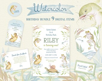 Bundle d'Invitation de fête d'anniversaire étang garçon pêche 1er anniversaire Decor aquarelle Images | Pack d'invitations premier anniversaire à la piscine modifiable