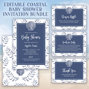Paquete de plantillas editables para invitaciones de baby shower con temática de conchas marinas, para baby shower costero, invitación digital náutica para niño, baby shower azul marino