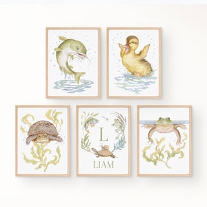 Juego de 5 impresiones con nombre personalizado para habitación de bebé, imprimibles en neutro, con temática de estanque, galería de decoración de habitación de bebé con animales, regalo para baby shower con temática de pesca