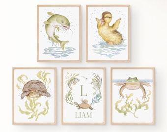 Ensemble de 5 prénoms personnalisés à imprimer pour chambre d'enfant, chambre de bébé à imprimer sur le thème d'un étang neutre, décoration de chambre de bébé animal, cadeau de baby shower sur le thème de la pêche