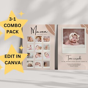 PACK COMBO de cartão Milestone do primeiro aniversário, pôster de marco de 12 meses, cápsula do tempo do bebê, carta para o bebê, modelo editável