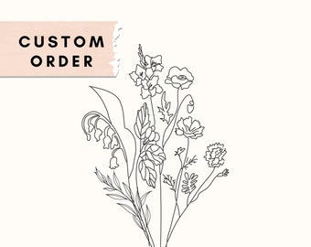 STAMPA DIGITALE Disegno personalizzato per tatuaggio di bouquet di fiori di nascita per la famiglia Mese di nascita Linea minimalista Doodle Wall Art Regalo personalizzato per anniversario