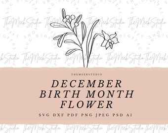 DICEMBRE Mese di nascita fiore SVG per portachiavi collana fiori incisione linea arte fiore Holly, bouquet di carta bianca tagliata adesivo file