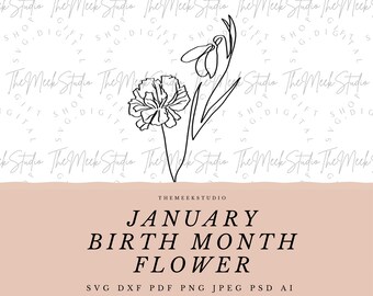 JANUARY Birth month flower SVG for keychain necklace flowers engraving hand drawn flowers birth month flower bouquet cut files stickers