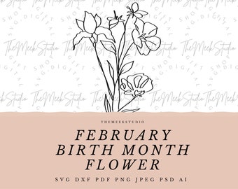 FEBBRAIO Mese di nascita fiore SVG per collana portachiavi fiori incisione fiori disegnati a mano mese di nascita bouquet di fiori file adesivi tagliati