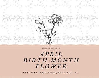 APRILE Mese di nascita fiore SVG per portachiavi collana fiori incisione linea arte nascita mese fiore margherita dolce pisello PNG clip art adesivi