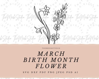 MARZO Mese di nascita fiore SVG per portachiavi collana fiori incisione fiori disegnati a mano mese di nascita bouquet di fiori file tagliati adesivi