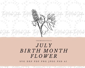 LUGLIO Mese di nascita fiore SVG per portachiavi collana fiori incisione fiori disegnati a mano Larkspur Ninfea bouquet file adesivi tagliati