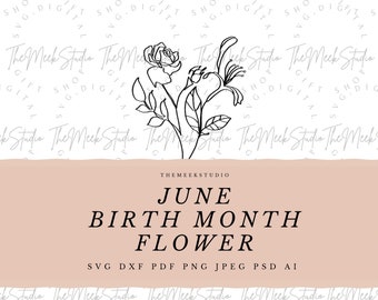 GIUGNO Mese di nascita fiore SVG per portachiavi collana fiori incisione fiori disegnati a mano mese di nascita bouquet di fiori file adesivi tagliati