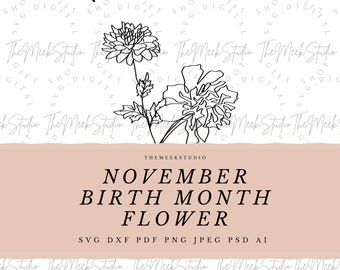 NOVEMBRE Mese di nascita fiore SVG per portachiavi collana fiori incisione linea arte mese di nascita fiore peonia bouquet tagliare file adesivo