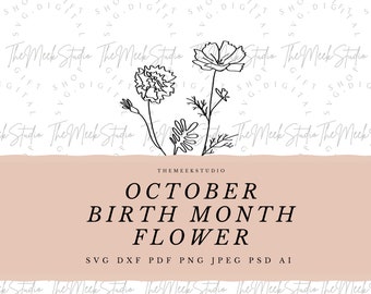OTTOBRE Mese di nascita fiore SVG per collana portachiavi fiori incisione linea arte mese di nascita fiore Cosmos Marigold bouquet file adesivi tagliati