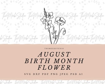 AGOSTO Nascita mese fiore SVG per portachiavi collana fiori incisione linea arte nascita mese fiore Gladiolus papavero bouquet file adesivi tagliati