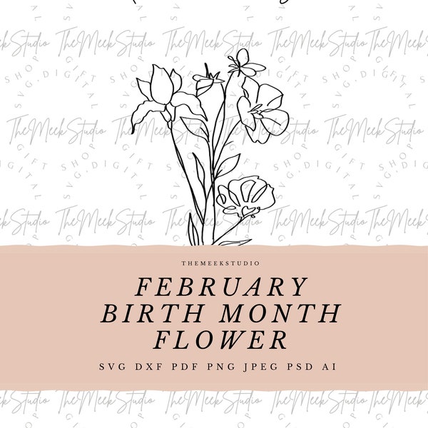 FEBRUARY Birth month flower SVG for keychain necklace flowers engraving hand drawn flowers birth month flower bouquet cut files stickers