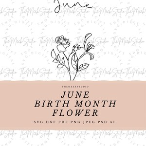 JUNI Geburt Monat Blume SVG für Schlüsselanhänger Halskette Blumen Gravur handgezeichnete Blumen Geburt Monat Blume Bouquet geschnitten Dateien Aufkleber