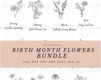 Mese di nascita fiore SVG per portachiavi collana fiori incisione fiori disegnati a mano mese di nascita bouquet di fiori tagliati file adesivi BUNDLE