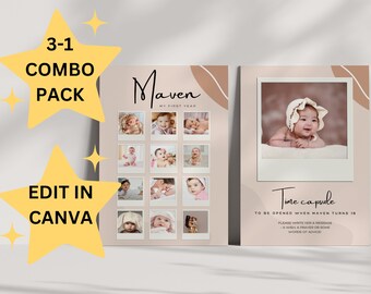 First birthday Milestone card COMBO PACK, 12 months milestone poster, baby's time capsule, letter to baby, editable template
