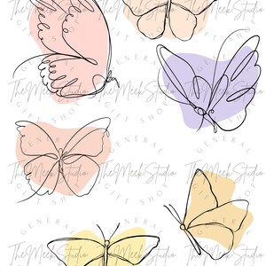 May include: Five line art butterflies with different colored backgrounds. The butterflies are drawn in black lines and are in various positions. The backgrounds are pink, peach, purple, yellow, and light yellow.