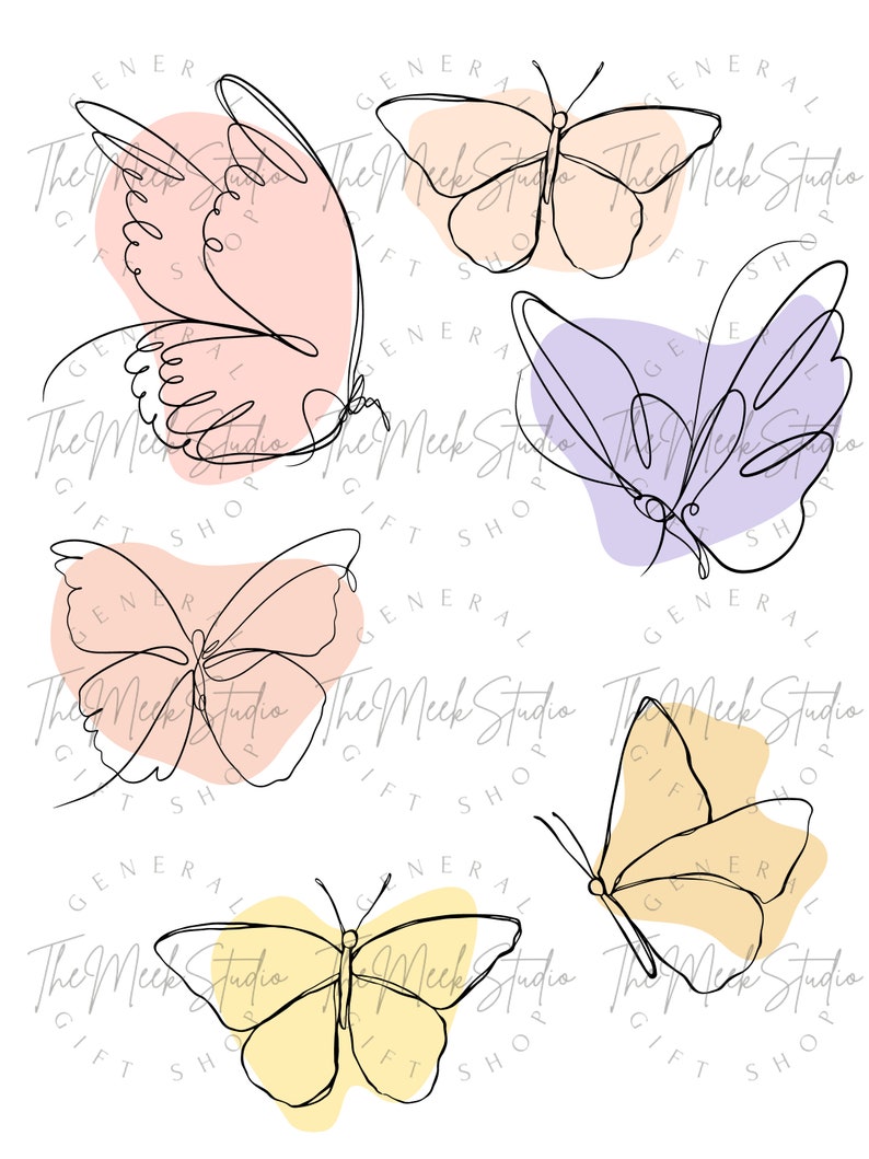 May include: Five line art butterflies with different colored backgrounds. The butterflies are drawn in black lines and are in various positions. The backgrounds are pink, peach, purple, yellow, and light yellow.