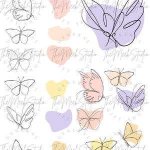 May include: A digital illustration of butterflies in various colors and poses. The butterflies are outlined in black and are set against a background of abstract shapes in pastel colors.