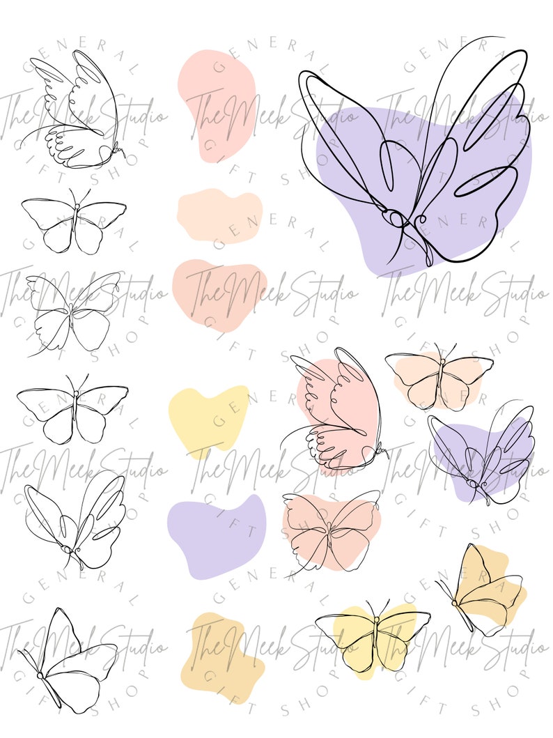 May include: A digital illustration of butterflies in various colors and poses. The butterflies are outlined in black and are set against a background of abstract shapes in pastel colors.